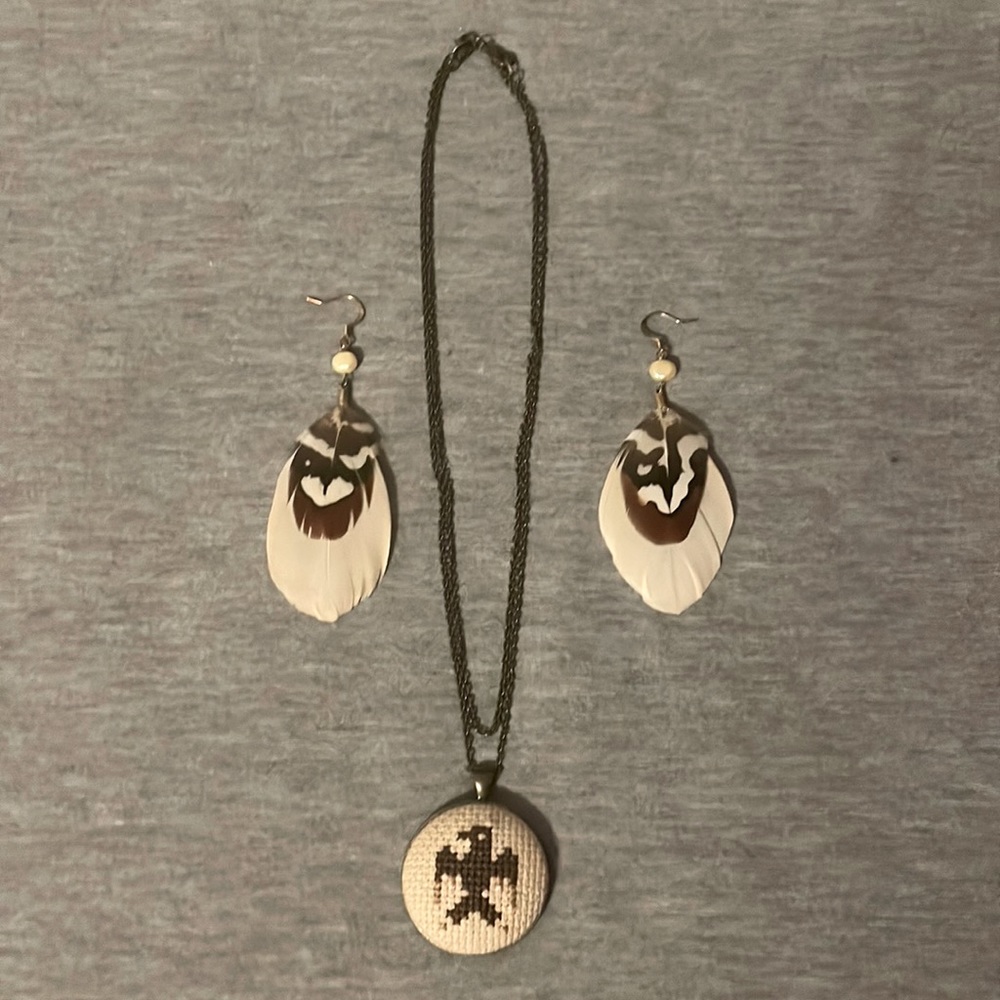 Pair of feather earrings and adjustable bronze chain necklace w/ Phoenix pendant